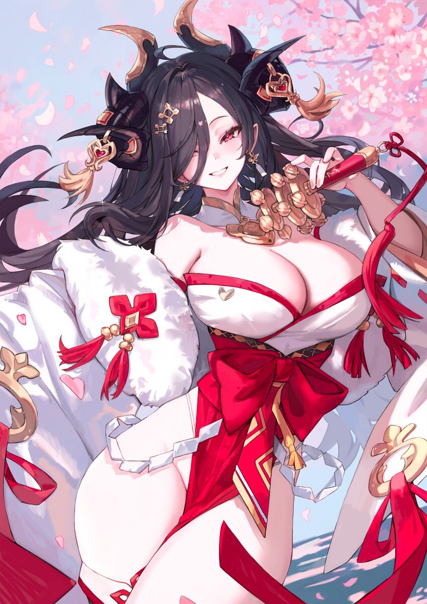 1girl absurdres black_hair black_horns bow breasts cherry_blossoms cleavage collar eyelashes falling_petals freng gold_trim hair_ornament hair_over_one_eye haneame highres holding horn_ornament horns large_breasts long_hair nontraditional_miko original pelvic_curtain petals red_bow red_eyes smile solo tassel white_collar