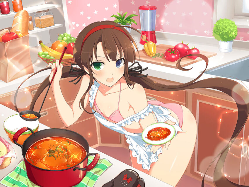 1girl apple apron artist_request baguette banana bell_pepper blender_(object) blush bread breasts brown_hair casserole cooking embarrassed flat_chest food fruit grapes green_grapes heterochromia jar kitchen ladle large_breasts long_hair offering_food open_mouth orange_(fruit) plate pov ryoubi_(senran_kagura) senran_kagura tomato twintails wide_hips