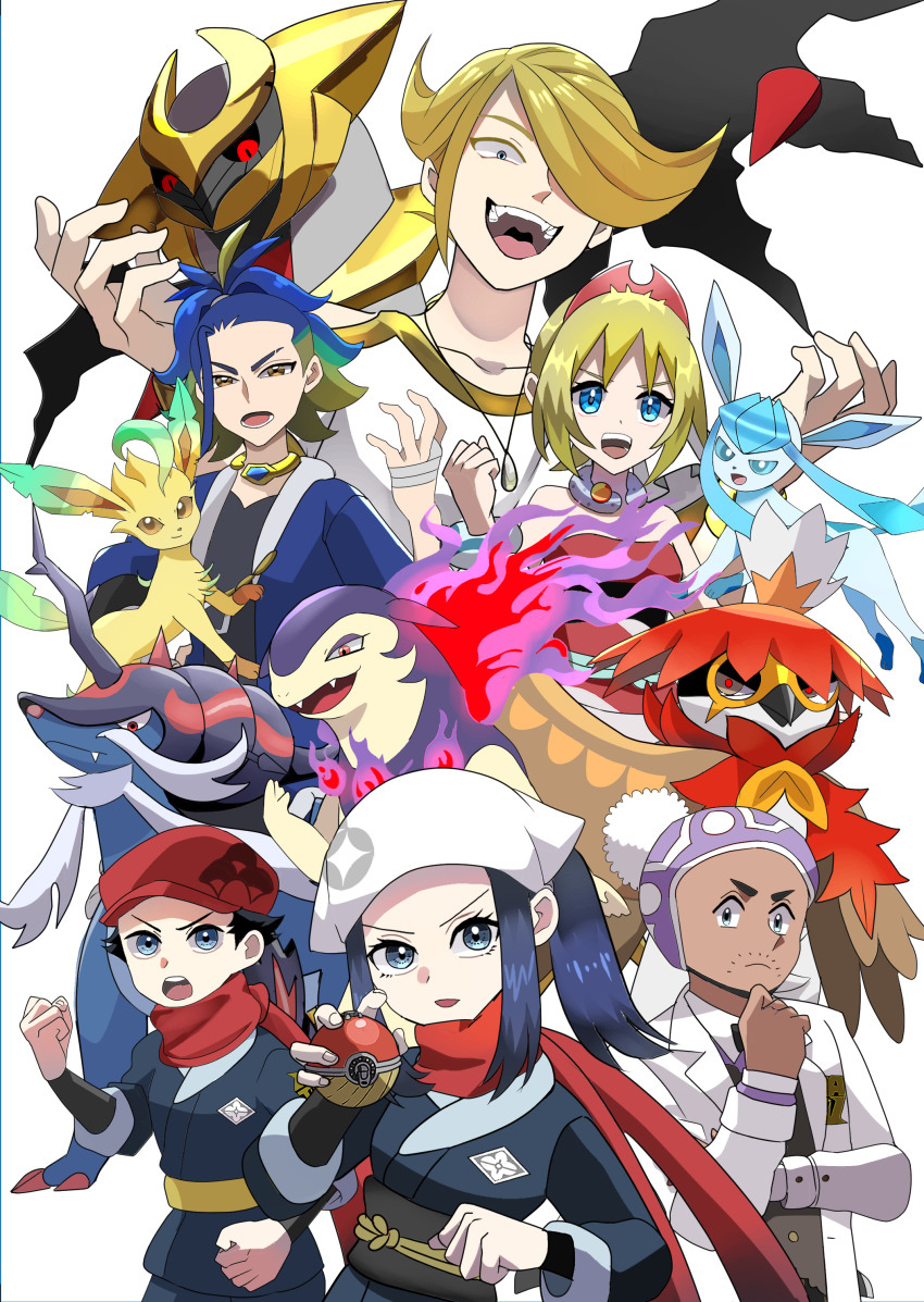 2girls 4boys :d absurdres adaman_(pokemon) akari_(pokemon) akisame_kanon beanie beard_stubble black_hair black_shirt blonde_hair blue_hair clenched_hands closed_mouth coat commentary_request facial_hair gen_4_pokemon giratina glaceon hair_over_one_eye hat headscarf highres hisuian_decidueye hisuian_poke_ball hisuian_samurott hisuian_typhlosion holding holding_poke_ball irida_(pokemon) jacket jewelry laventon_(pokemon) leafeon legendary_pokemon multiple_boys multiple_girls neck_ring nintendo open_mouth poke_ball pokemon pokemon_(creature) pokemon_legends:_arceus ponytail purple_hat red_hat red_scarf rei_(pokemon) sash scarf shirt sidelocks smile stubble volo_(pokemon) white_coat white_headscarf