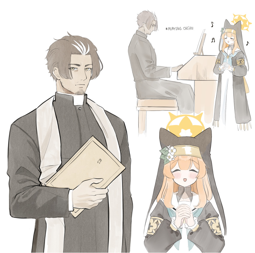1boy 1girl animal_ears beard_stubble blue_archive brown_hair cat_ears cat_girl closed_eyes ekoru facial_hair habit hair_pulled_back halo highres instrument light_smile long_hair looking_at_viewer mari_(blue_archive) multicolored_hair multiple_views music musical_note nun open_mouth orange_hair organ_(instrument) playing_instrument playing_piano praying priest sensei_(blue_archive) singing stole stubble two-tone_hair white_hair yellow_eyes yellow_halo