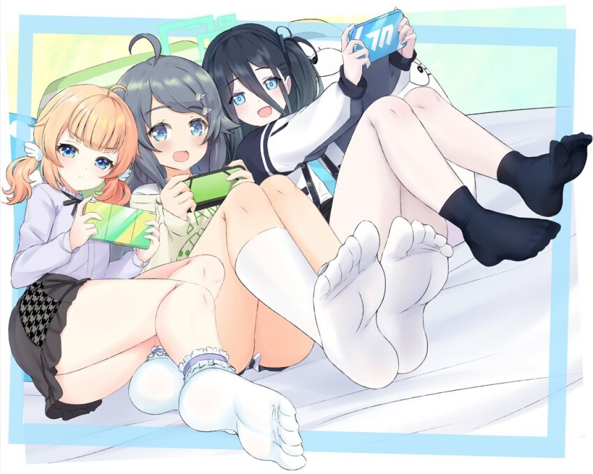 3girls :d ahoge aris_(blue_archive) black_hair blonde_hair blue_archive blue_eyes blush feet girl_sandwich hair_ornament handheld_game_console inohara_koboshi lace lace_legwear long_hair looking_at_viewer lying motosu_towa multiple_girls no_shoes ongeki open_mouth samiko sandwiched school_uniform short_hair skirt smile socks soles toes twintails world_dai_star
