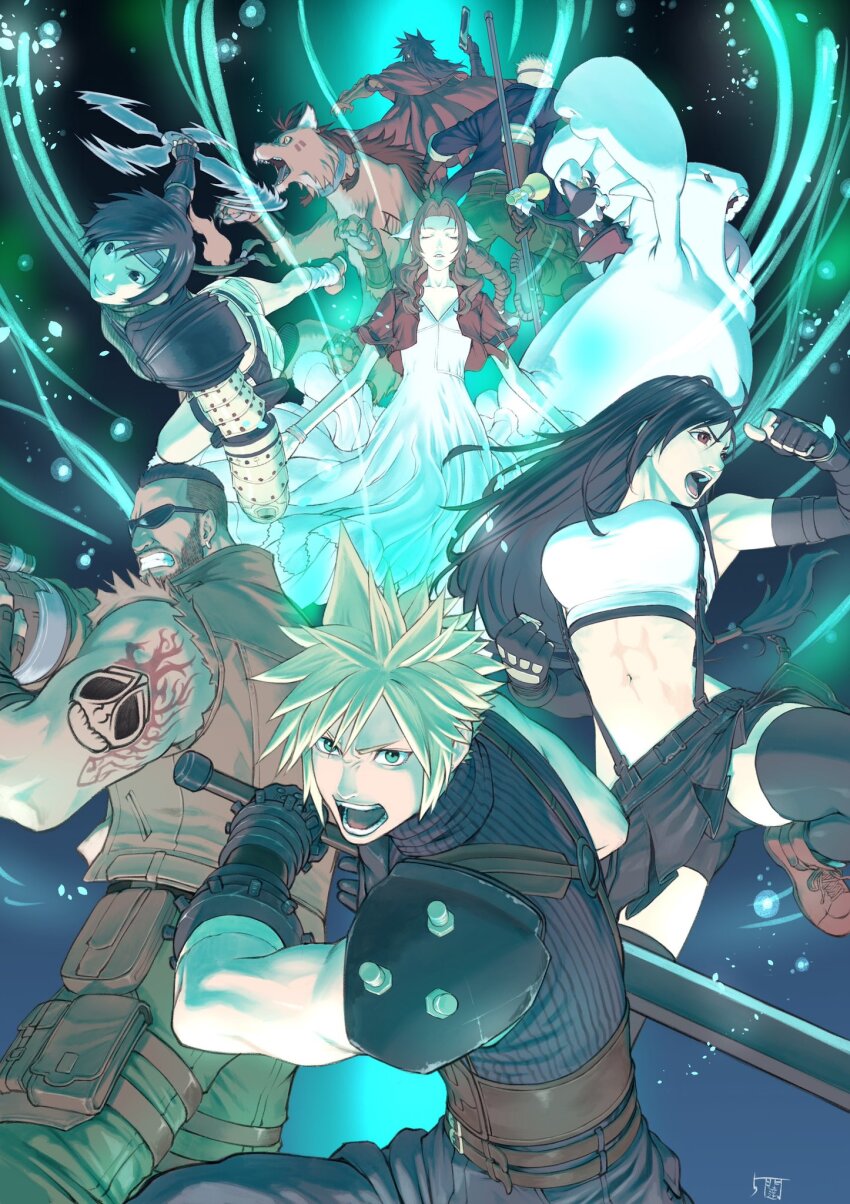 3girls 5tatsu aerith_gainsborough animal arm_tattoo armor armpits bandaged_arm bandages bangle bare_shoulders barret_wallace beads beard belt black_bra black_fur black_gloves black_hair black_shorts black_skirt black_thighhighs blonde_hair blue_shirt boots bra bracelet braid braided_ponytail breasts brown_belt brown_hair brown_vest cait_sith_(final_fantasy) cat cid_highwind clawed_gauntlets clenched_teeth cloak closed_eyes cloud_strife crop_top cropped_jacket crown dark-skinned_male dark_skin dress elbow_gloves facial_hair facial_mark final_fantasy final_fantasy_vii final_fantasy_vii_rebirth final_fantasy_vii_remake fingerless_gloves furrowed_brow gloves green_pants green_shirt hair_beads hair_ornament hair_ribbon headband highres holding holding_megaphone holding_polearm holding_shuriken holding_sword holding_weapon jacket jewelry large_breasts lifestream long_dress long_hair medium_breasts megaphone midriff mini_crown miniskirt moogle multiple_belts multiple_boys multiple_girls navel open_mouth orange_fur outstretched_arms pants parted_bangs parted_lips pink_dress pink_ribbon pleated_skirt polearm prosthetic_weapon red_cloak red_eyes red_footwear red_hair red_jacket red_xiii ribbon shirt short_hair shorts shoulder_armor shouting shuriken sidelocks signature single_braid single_shoulder_pad skirt skull_tattoo sleeveless sleeveless_turtleneck spiked_hair sports_bra sunglasses suspenders sword tattoo teeth thighhighs tifa_lockhart turtleneck tuxedo_cat two-tone_fur underwear upskirt very_short_hair vest vincent_valentine weapon white_fur white_shirt white_shorts yuffie_kisaragi