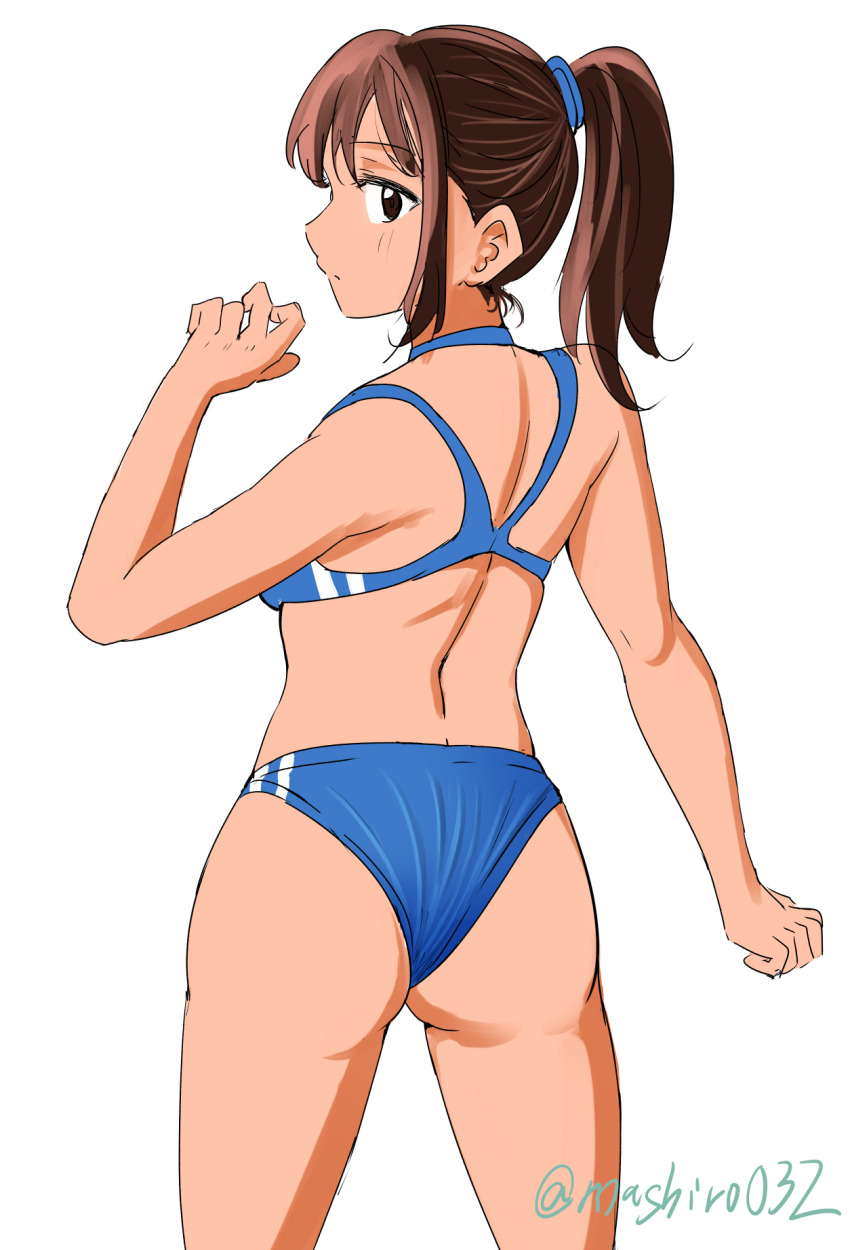 1girl ass blue_sports_bra brown_eyes brown_hair commentary_request cowboy_shot ereka highres lone_nape_hair looking_at_viewer looking_back median_furrow medium_hair original racerback solo sports_bra sports_panties twitter_username