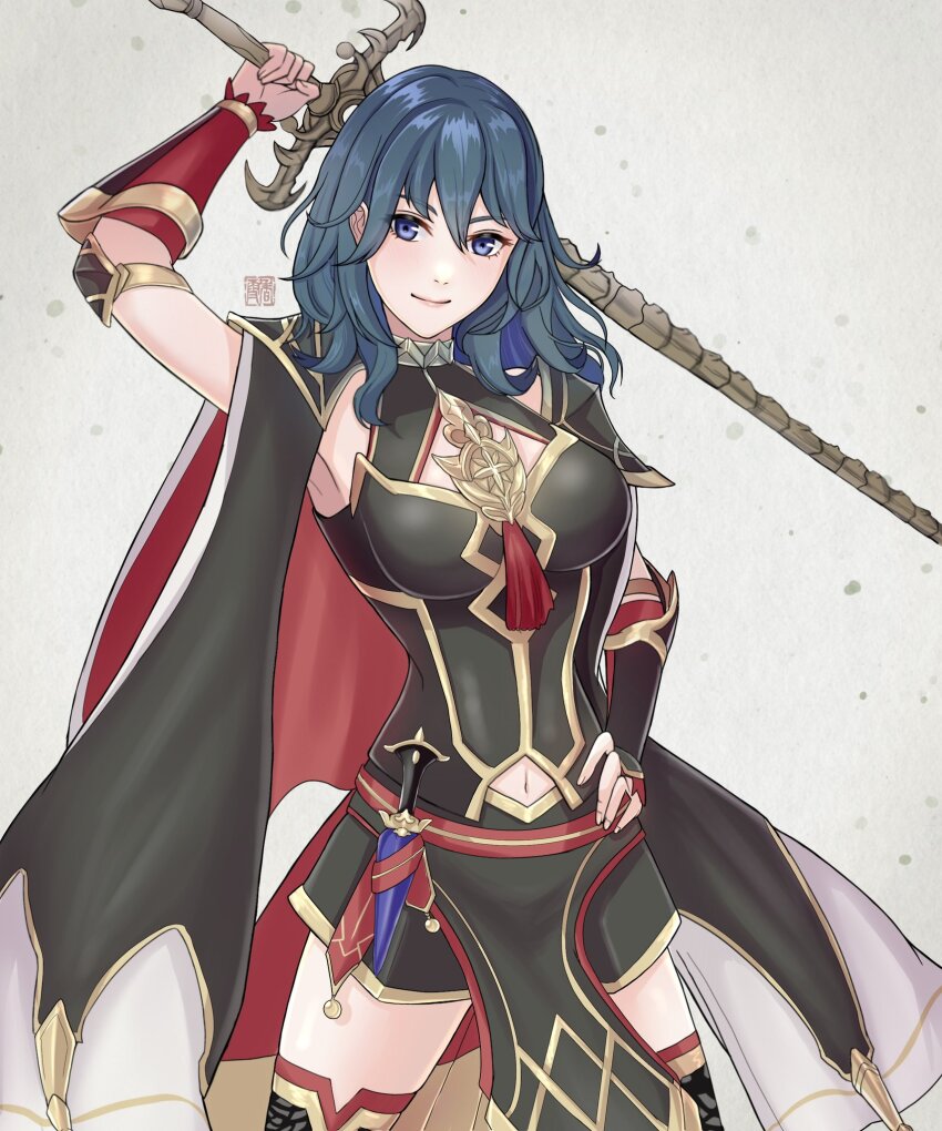 1girl armor black_armor black_cape blue_eyes bone_weapon breasts brooch female_byleth_(fire_emblem) female_byleth_(resplendent)_(fire_emblem) cape clothing_cutout fire_emblem fire_emblem:_three_houses fire_emblem_heroes highres holding jewelry kousetu0506 large_breasts looking_at_viewer multicolored_cape navel navel_cutout nintendo official_alternate_costume pelvic_curtain smile solo sword_of_the_creator thighhighs weapon