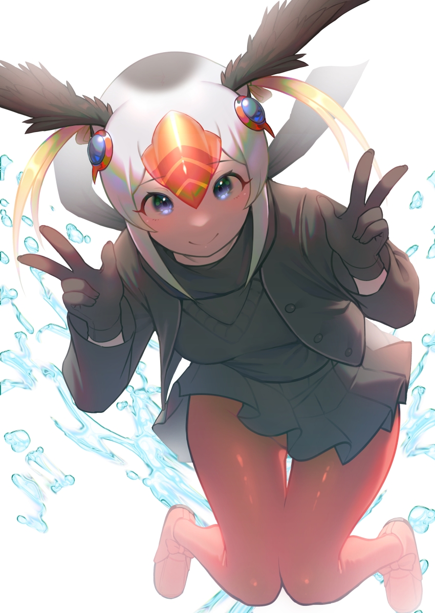 1girl absurdres akuma_(st.takuma) backlighting bird_wings black_gloves black_hair black_jacket black_shirt black_skirt blonde_hair blue_eyes commentary double_w full_body gloves hair_between_eyes hair_ornament head_wings highres jacket kemono_friends long_sleeves looking_at_viewer miniskirt multicolored_hair open_clothes open_jacket orange_hair orange_pantyhose pantyhose pleated_skirt shirt short_hair simple_background skirt smile solo thigh_gap tufted_puffin_(kemono_friends) w water white_background white_hair wings