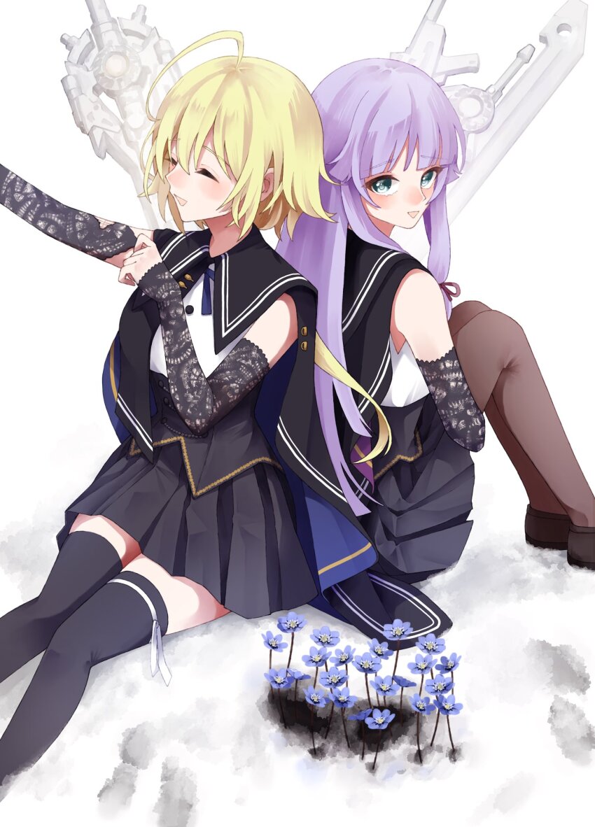2girls ahoge amahara_nue amano_soraha aqua_eyes arm_up assault_lily back-to-back banshouya_ena bare_shoulders black_cape black_footwear black_skirt black_thighhighs blonde_hair blue_flower blunt_bangs blunt_ends blush brown_pantyhose buttons cape closed_eyes commentary_request detached_sleeves feet_out_of_frame flower hair_between_eyes hand_up highres hugging_own_legs knees_up lace lace_sleeves leg_ribbon long_hair long_sleeves looking_at_viewer looking_to_the_side low_ponytail miniskirt multiple_girls neck_ribbon outstretched_arm pantyhose parted_lips planted planted_sword planted_weapon pleated_skirt ponytail purple_hair ribbon school_uniform shirt shoes sidelocks simple_background sitting skirt sleeveless sleeveless_shirt sleeves_past_wrists smile sword thigh_ribbon thighhighs two-sided_cape two-sided_fabric underbust very_long_hair weapon white_background white_ribbon white_shirt yurigaoka_girls_academy_school_uniform zettai_ryouiki
