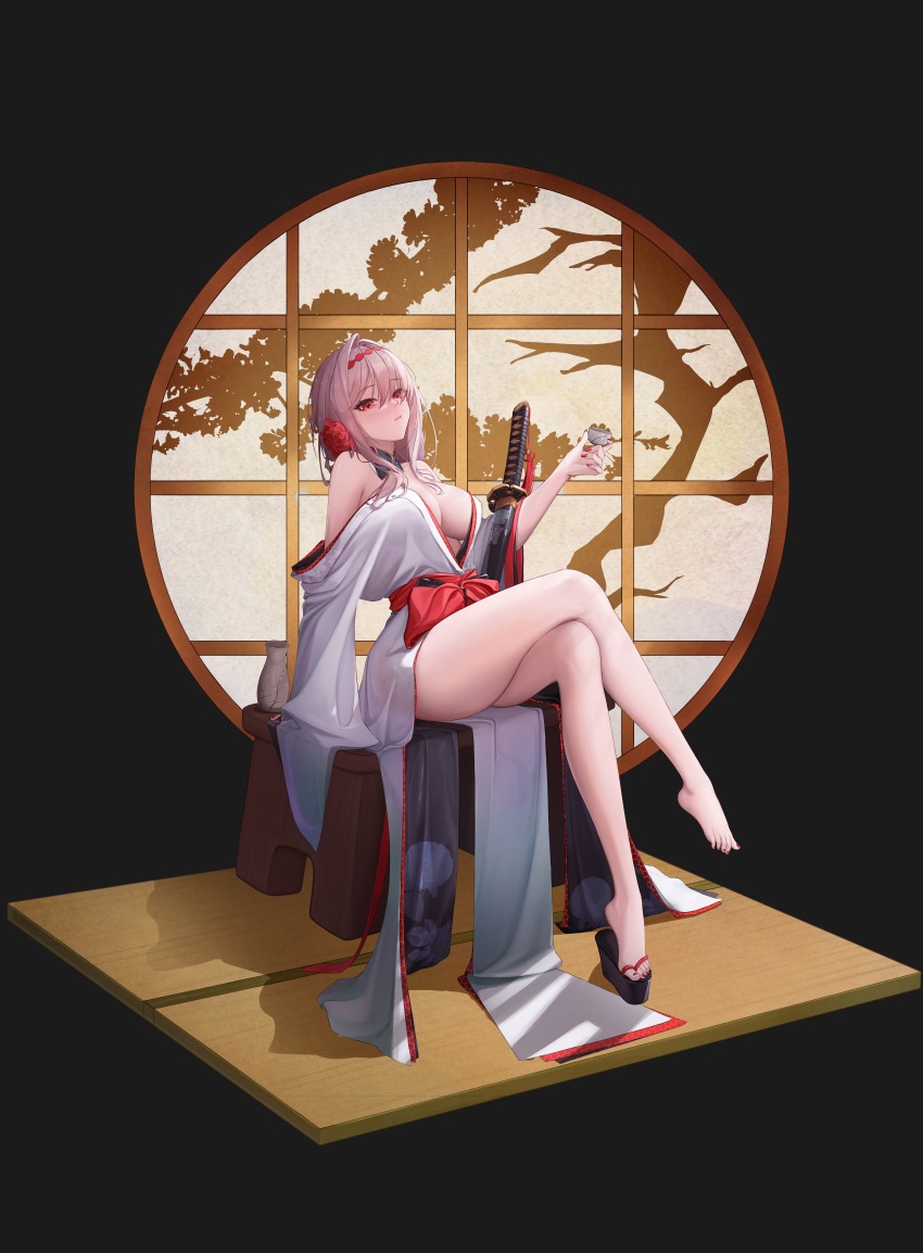 1girl absurdres arm_rest bare_legs bare_shoulders black_background blush breasts choko_(cup) crossed_legs cup flower goddess_of_victory:_nikke grey_hair hair_in_own_mouth hair_intakes hair_over_shoulder hairband hand_up highres holding holding_cup indoors japanese_clothes katana kimono large_breasts long_sidelocks looking_at_viewer off_shoulder official_alternate_costume okobo parted_lips platform_sandals red_eyes red_flower red_hairband red_kimono red_nails red_rose red_sash rose round_window sandals sash scarlet_(black_shadow)_(longing_flower)_(nikke) scarlet_(nikke) shadow shoe_dangle shouji sideboob sidelocks sitting siyeong sleeves_past_fingers sleeves_past_wrists sliding_doors solo sword tassel tatami three_quarter_view tokkuri two-tone_kimono weapon white_kimono wide_sleeves window