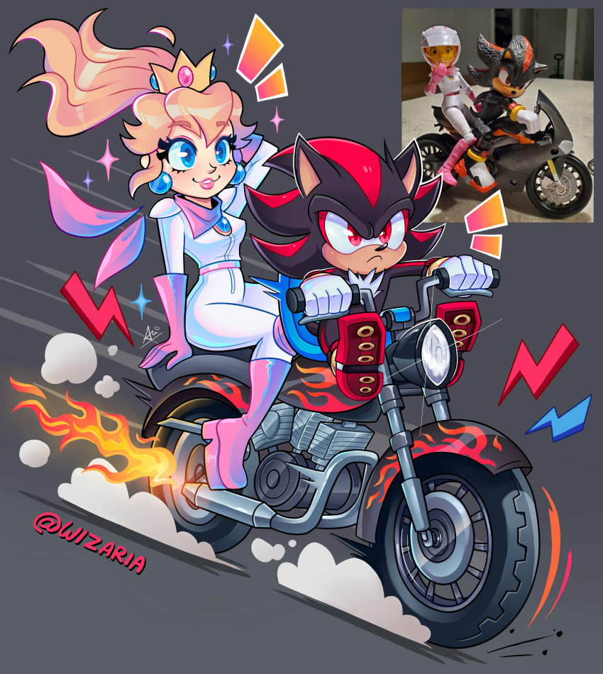 1boy 1girl absurdres artist_name biker_peach black_fur blonde_hair blue_eyes commentary crown english_commentary english_text hedgehog_boy highres mario_(series) mario_kart mario_kart_world nintendo princess_peach red_eyes shadow_the_hedgehog sonic_(live_action) sonic_(series) sonic_the_hedgehog sonic_the_hedgehog_3_(movie) the_super_mario_bros._movie wizaria