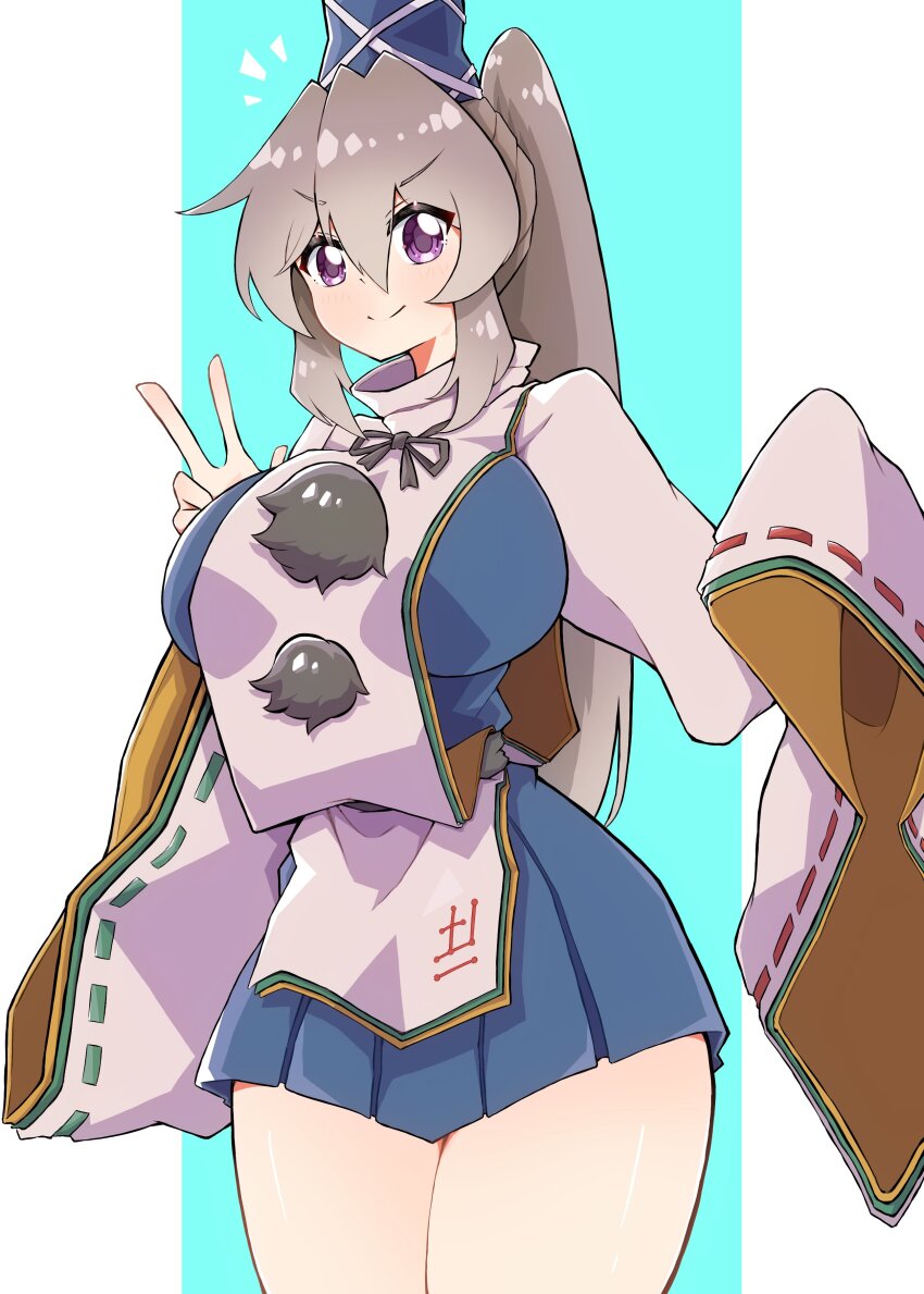 1girl absurdres black_ribbon blue_background blue_dress blue_hat blush breasts closed_mouth commentary_request cowboy_shot dress grey_hair gurajio hair_between_eyes hat highres impossible_clothes impossible_dress japanese_clothes kariginu large_breasts long_bangs long_hair long_sleeves looking_at_viewer mononobe_no_futo neck_ribbon notice_lines pom_pom_(clothes) ponytail purple_eyes ribbon ribbon-trimmed_sleeves ribbon_trim short_dress simple_background sleeves_past_fingers sleeves_past_wrists smile solo split_mouth standing tate_eboshi touhou two-tone_background v v-shaped_eyebrows white_background wide_sleeves