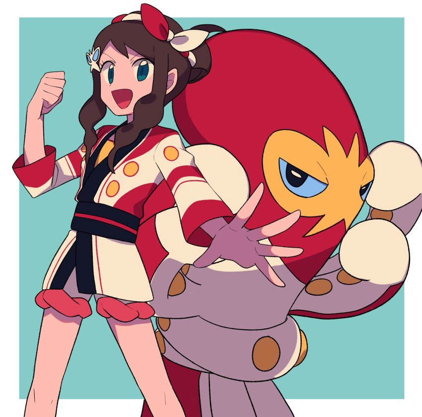 1girl :d alternate_color aqua_eyes black_sash border brown_hair clenched_hand commentary_request eyelashes gen_8_pokemon grapploct green_background hand_up highres hilda_(pokemon) hilda_(summer_2022)_(pokemon) jacket looking_at_viewer nintendo official_alternate_costume open_mouth pokemon pokemon_(creature) pokemon_masters_ex sash shiny_pokemon sidelocks smile tongue tyako_089 white_border white_jacket