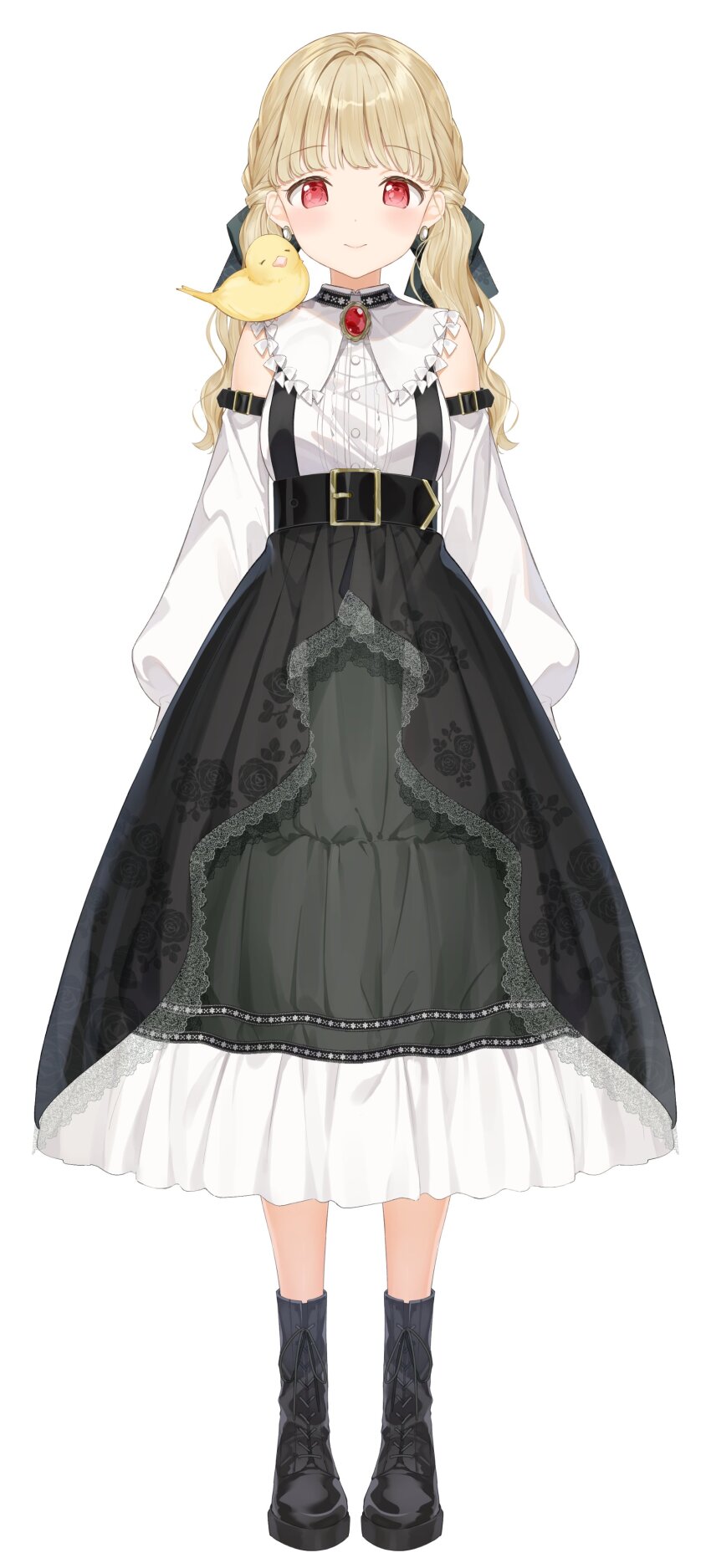 1girl absurdres animal animal_on_shoulder bare_shoulders bird bird_on_shoulder black_boots blonde_hair boots detached_sleeves earrings full_body gem hair_ribbon highres jewelry kinako_(shiratama_mochi) kogara_toto kogara_toto_(gothic) layered_skirt low_twintails lupinus_virtual_games official_art red_eyes red_gemstone ribbon second-party_source see-through_skirt_layer shirt simple_background skirt sleeveless sleeveless_shirt solo suspender_skirt suspenders twintails virtual_youtuber vspo! white_background yellow_bird