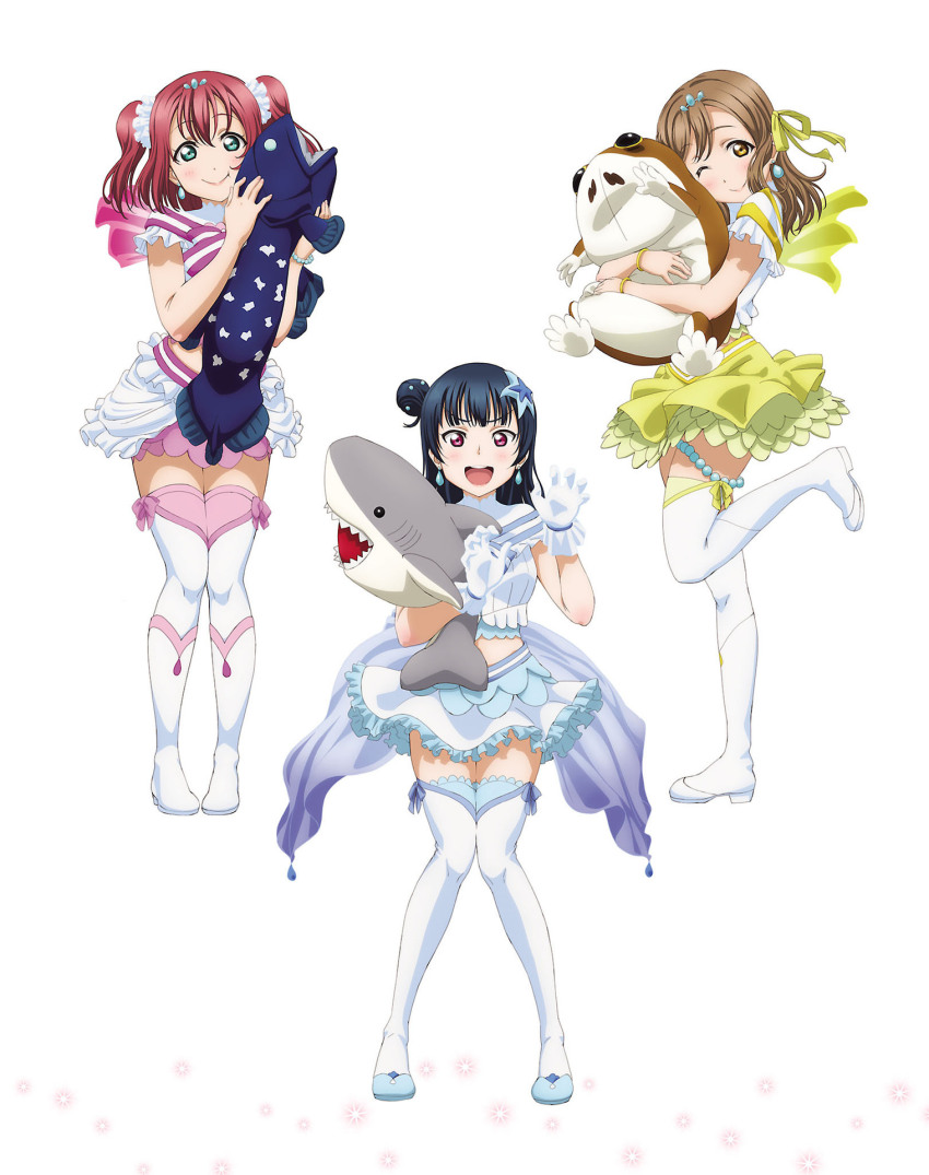 3girls aqua_eyes artbook blue_hair blue_skirt boots brown_hair crop_top earrings gloves hair_bun hair_ornament hair_ribbon highres holding jewelry koi_ni_naritai_aquarium kunikida_hanamaru kurosawa_ruby layered_skirt long_hair looking_at_viewer love_live! love_live!_sunshine!! midriff miniskirt multiple_girls non-web_source official_alternate_costume official_art one_eye_closed open_mouth pink_skirt red_eyes red_hair ribbon simple_background single_side_bun skirt smile standing standing_on_one_leg star_(symbol) stuffed_animal stuffed_shark stuffed_toy thigh_boots thighhighs tsushima_yoshiko white_background white_gloves white_thighhighs yellow_eyes yellow_ribbon yellow_skirt zettai_ryouiki