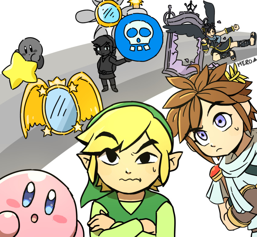 ahoge angel angel_wings blonde_hair blue_eyes blush_stickers bomb brown_hair colored_skin crossed_arms dark_pit dimension_mirror explosive highres holding holding_bomb kaze_n0_takuto kid_icarus kid_icarus_uprising kirby kirby_(series) kirby_and_the_amazing_mirror laurel_crown link male_focus mirror nintendo pink_skin pit_(kid_icarus) pointy_ears shadow_kirby shadow_link star_(symbol) sweatdrop the_legend_of_zelda the_legend_of_zelda:_four_swords the_legend_of_zelda:_four_swords_adventures toon_link trait_connection warp_star wings