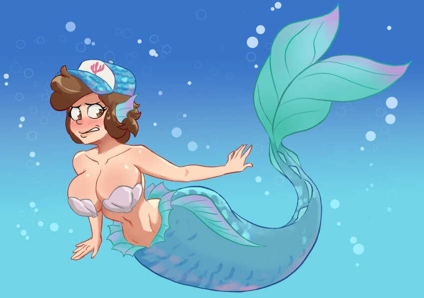 1girl absurdres air_bubble baseball_cap breasts brown_eyes brown_hair bubble collarbone coral_print dipper_pines fins gearthefae genderswap genderswap_(mtf) gravity_falls hat head_fins highres large_breasts mermaid monster_girl monsterification open_mouth shell shell_bikini short_hair underwater