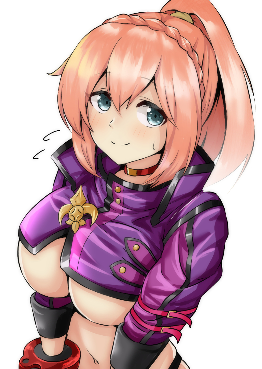 1girl blue_eyes blush bracer braid breasts chakuro96 choker closed_mouth commentary_request cosplay cropped_jacket crown_braid daiba_canon gina_dickinson gina_dickinson_(cosplay) god_eater god_eater_2:_rage_burst god_eater_resonant_ops hair_between_eyes highres jacket large_breasts looking_at_viewer navel pink_hair purple_jacket red_choker sidelocks simple_background three-quarter_sleeves smile solo standing stomach sweat underboob undersized_clothes upper_body white_background