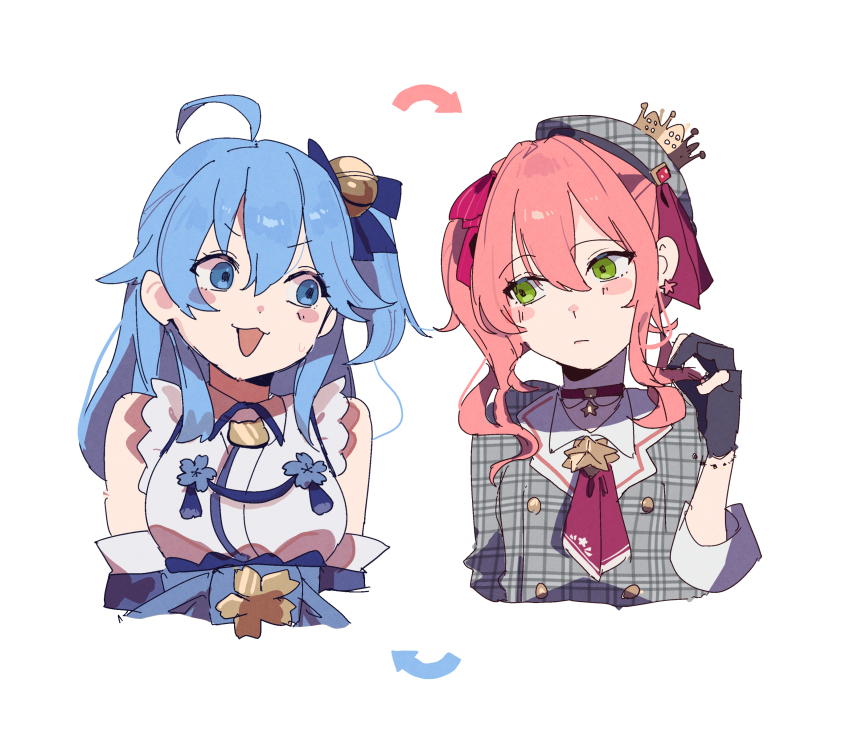 2girls ahoge bell blue_eyes blue_hair blush breasts bun_(bun_5u) choker commentary green_eyes grey_hat hair_bell hair_between_eyes hair_ornament hat highres hololive hoshimachi_suisei jacket jewelry jingle_bell large_breasts long_hair long_sleeves looking_at_another multiple_girls nontraditional_miko one_side_up open_mouth pink_hair plaid_clothes plaid_hat plaid_jacket ribbon sakura_miko shirt side_ponytail simple_background small_breasts smile star_(symbol) star_choker upper_body virtual_youtuber white_background white_shirt