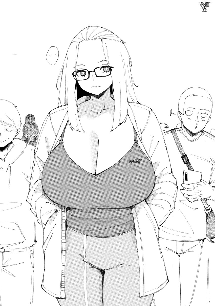 1girl absurdres artist_name bag bangs_pinned_back blush breasts camisole cellphone cleavage closed_mouth coat cowboy_shot folded_hair glasses greyscale hair_pulled_back handbag hands_in_pockets highres holding holding_phone hood hoodie huge_breasts inne_sulistya_robin long_hair looking_at_another monochrome norman_maggot open_clothes open_coat original pants phone short_hair simple_background smartphone solo_focus