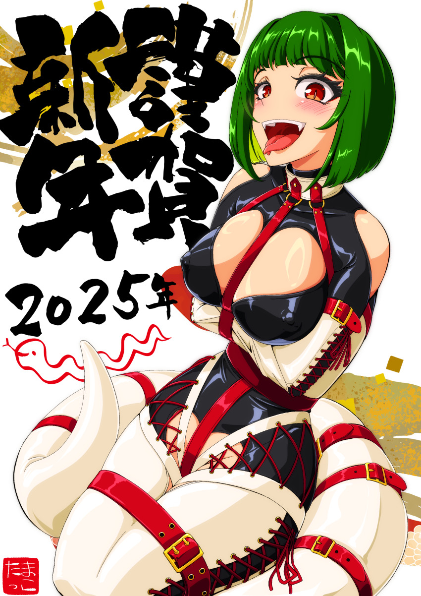 1girl absurdres animal_costume bdsm bound bound_arms bound_legs breasts chinese_zodiac clothing_cutout covered_erect_nipples fangs forked_tongue green_hair highres large_breasts latex legbinder looking_at_viewer orange_eyes original short_hair shoulder_cutout slit_pupils snake_costume solo straitjacket tamakko tongue tongue_out year_of_the_snake