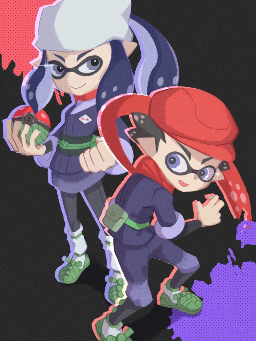 1boy 1girl akari_(pokemon) akari_(pokemon)_(cosplay) blue_eyes blue_hair clenched_hand company_connection cosplay galaxy_expedition_team_survey_corps_uniform green_footwear hat headscarf highres hisuian_poke_ball holding holding_poke_ball inana_umi inkling inkling_boy inkling_girl inkling_player_character nintendo paint_splatter poke_ball pokemon pokemon_legends:_arceus rei_(pokemon) rei_(pokemon)_(cosplay) sash scarf smile splatoon_(series) standing tentacle_hair v-shaped_eyebrows white_headscarf