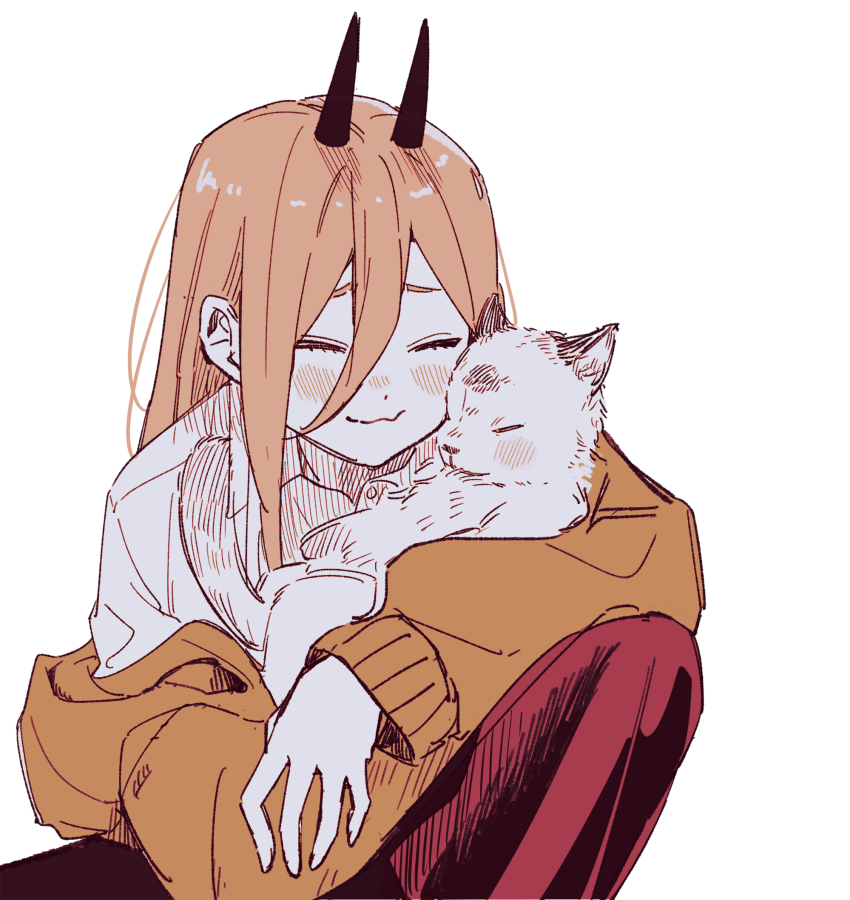1girl animal cat chainsaw_man commentary_request fang gurukousu hair_between_eyes highres holding holding_animal holding_cat horns jacket limited_palette meowy_(chainsaw_man) orange_hair orange_jacket pants power_(chainsaw_man) red_pants sitting skin_fang solo