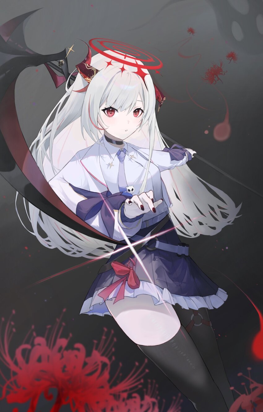 asymmetrical_horns black_background black_choker black_thighhighs blue_flower blue_necktie blue_skirt blue_spider_lily choker crosshair crosshair_pupils demon_horns dtto. dtto._(2nd_costume) flower halo highres holding holding_scythe horns long_hair necktie pale_skin patchan_26 pleated_skirt red_eyes red_halo red_nails reject_(esports) scythe shirt skirt skull_ornament spider_lily star_ornament thighhighs utaite virtual_youtuber white_hair white_shirt
