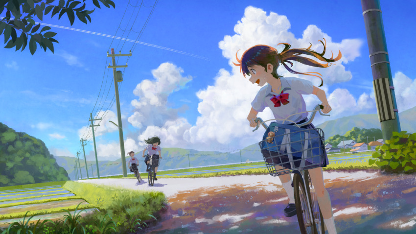 3girls bag bag_charm bicycle bicycle_basket black_footwear black_hair black_skirt blue_sky brown_eyes brown_hair building charm_(object) cloud collared_shirt commentary contrail cumulonimbus_cloud day grass highres house leaf looking_at_another mountain mountainous_horizon multiple_girls original outdoors power_lines rice_paddy riding riding_bicycle road rural scenery school_bag school_uniform shadow shirt short_sleeves skirt sky smile socks solanoko summer tree utility_pole vanishing_point white_shirt white_socks