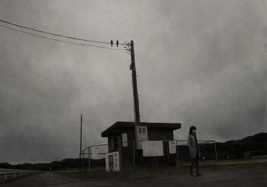 1girl absurdres akebonobashi_(artist) bird black_hair black_leggings building chain-link_fence crow fence grass grey_jacket grey_sky hands_in_pockets highres hood hood_down jacket leggings original outdoors overcast power_lines road rural scenery sign sky solo standing utility_pole wide_shot