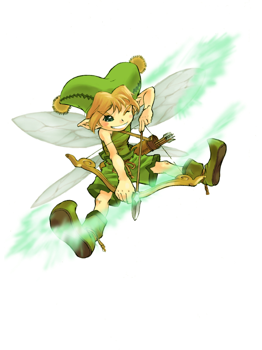 00s 1boy arrow_(projectile) blonde_hair blush_stickers boots full_body green_eyes grin hat highres inomata_mutsumi legs looking_down male_focus official_art pointy_ears short_hair shorts simple_background sleeveless smile solo sylph sylph_(tales) tales_of_(series) tales_of_eternia weapon wince wings