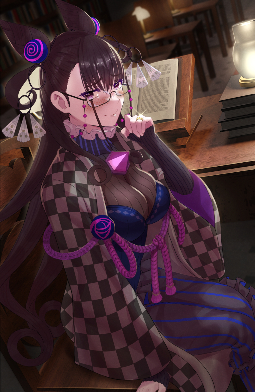 1girl beppu_mitsunaka black_dress black_kimono book breasts checkered_clothes checkered_kimono cone_hair_bun desk dress embarrassed eyewear_strap fate/grand_order fate_(series) gem glasses hair_bun hair_ornament highres japanese_clothes kimono lantern large_breasts long_hair long_sleeves looking_at_viewer murasaki_shikibu_(fate) murasaki_shikibu_(second_ascension)_(fate) purple_eyes purple_gemstone purple_hair rope sitting smile solo two_side_up very_long_hair wide_sleeves