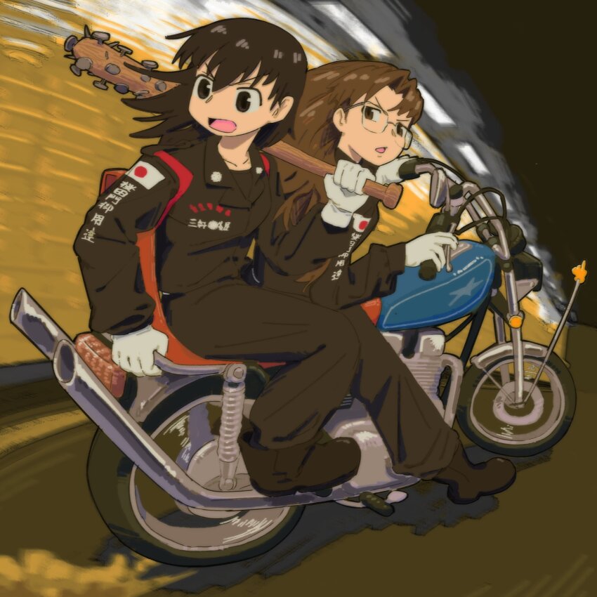 2girls absurdres azumanga_daiou bag baseball_bat black_eyes black_footwear black_hair black_jumpsuit boots brown_eyes brown_hair collarbone driving dust fubarmoe glasses gloves highres holding holding_bag japanese_flag jumpsuit long_sleeves looking_back mizuhara_koyomi motor_vehicle motorcycle multiple_girls nail_(hardware) nail_bat on_motorcycle open_mouth pants pants_tucked_in spiked_bat takino_tomo white_gloves