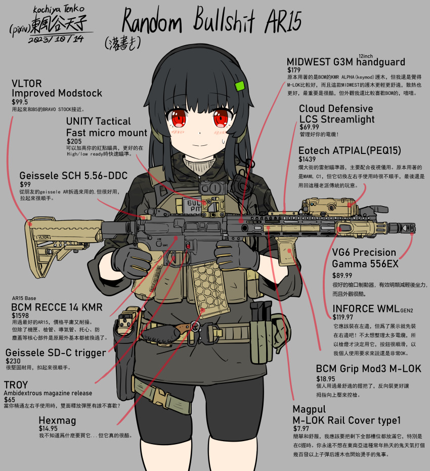 1girl absurdres ar-15 assault_rifle black_hair chinese_text gun handgun highres holster kochiya_tenko laser_pointer magazine_(weapon) original red_eyes rifle solo tactical_clothes weapon