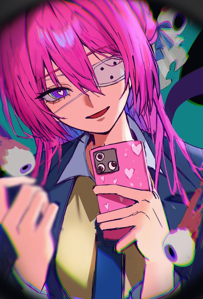 1girl blue_jacket blue_necktie blue_ribbon cellphone collared_shirt disembodied_eye dorothy_(nikke) eyepatch fisheye goddess_of_victory:_nikke hair_bun hair_ribbon heart heart-shaped_pupils highres holding holding_phone jacket kumi_(nikke985427849) looking_at_viewer medical_eyepatch necktie phone pink_hair pov_peephole purple_eyes ribbon shirt single_side_bun smartphone smile solo standing symbol-shaped_pupils yellow_shirt