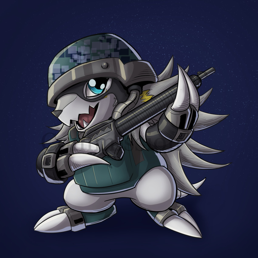 absurdres armor digimon digimon_(creature) gun helmet herissmon highres oridigi original sharp_teeth solo teeth weapon