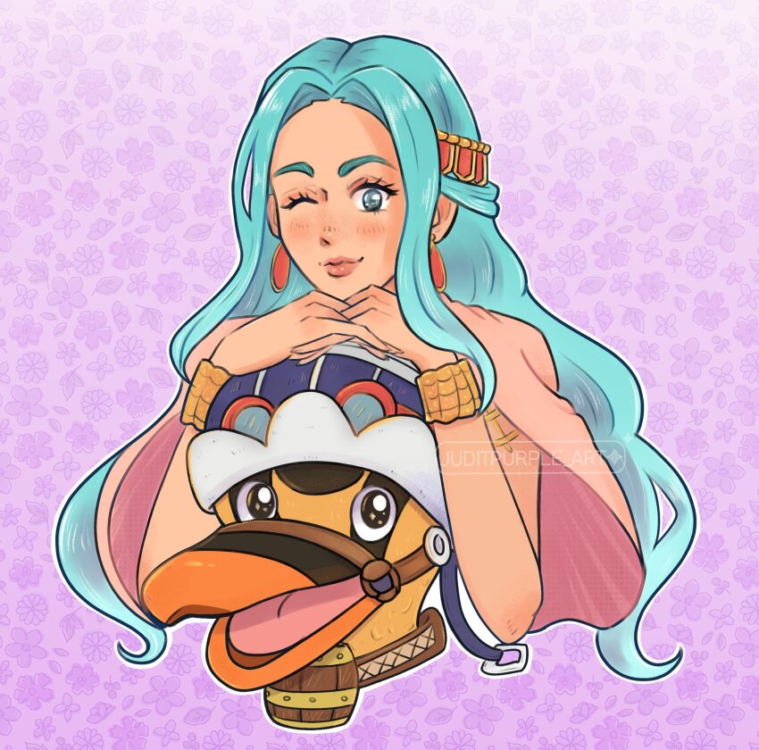 1girl bird blue_hair bracelet cape closed_mouth commentary_request duck goggles goggles_on_headwear gradient_background highres jewelry juditpurple_art karoo_(one_piece) light_blue_hair long_hair looking_at_viewer nefertari_vivi one_eye_closed one_piece pink_cape pink_lips purple_background sidelocks smile spanish_commentary upper_body