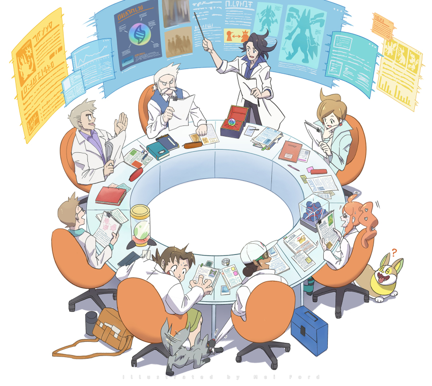 2girls 6+boys bag binder binder_clip blouse blue_shirt book chair collared_shirt diagram egg eraser folder gen_2_pokemon gen_3_pokemon gen_8_pokemon highres holding holding_paper holographic_interface igglybuff indoors mega_stone mei_ford multiple_boys multiple_girls nintendo on_chair paper papers pen pokemon pokemon_(creature) pokemon_bw pokemon_dppt pokemon_egg pokemon_gsc pokemon_rgby pokemon_rse pokemon_sm pokemon_swsh pokemon_xy poochyena professor_birch professor_elm professor_juniper professor_kukui professor_oak professor_rowan professor_sycamore purple_shirt round_table shirt simple_background sonia_(pokemon) table thermos white_background white_shirt yamper z-ring