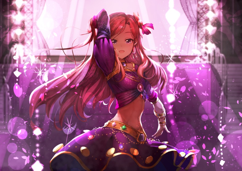 10s 1girl aikatsu! aikatsu!_(series) aikatsu_stars! arabian_clothes arm_behind_head arm_up bangle bracelet brooch brown_hair commentary_request cowboy_shot crop_top curtains dancing earrings female_focus gem hair_ornament hair_ribbon harem_outfit jewelry kasumi_yozora koruse lens_flare long_hair long_sleeves looking_at_viewer midriff navel necklace open_mouth outstretched_arm petals pink_ribbon purple_eyes purple_shirt purple_skirt purple_theme red_eyes red_hair ribbon shirt skirt smile solo sparkle stage stage_lights stairs swept_bangs