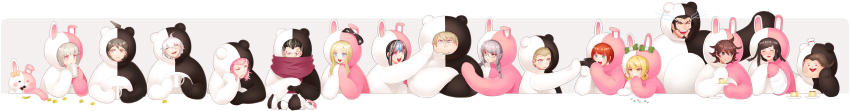 6+boys 6+girls absurdres ahoge animal_costume bad_id bad_pixiv_id bear_costume black_eyes black_hair blonde_hair blue_eyes braid camera chocolate chuunibyou closed_eyes cosplay cup danganronpa:_trigger_happy_havoc danganronpa_(series) danganronpa_2:_goodbye_despair eating everyone face_piercing facial_hair facial_mark food glasses goatee grey_hair gum_(gmng) gumidemo_kandero hanamura_teruteru heterochromia highres hinata_hajime koizumi_mahiru komaeda_nagito kuzuryu_fuyuhiko lip_piercing long_image mioda_ibuki monokuma monokuma_(cosplay) monomi_(danganronpa) monomi_(danganronpa)_(cosplay) mug multicolored_hair multiple_boys multiple_girls nanami_chiaki nidai_nekomaru open_mouth orange_hair owari_akane pekoyama_peko piercing pink_eyes pink_hair pudding red_eyes ribbon saionji_hiyoko scarf sideburns soda_kazuichi sonia_nevermind tanaka_gundam tanaka_gundham tears togami_byakuya togami_byakuya_(danganronpa_2) tsumiki_mikan two-tone_hair white_hair wide_image yellow_eyes