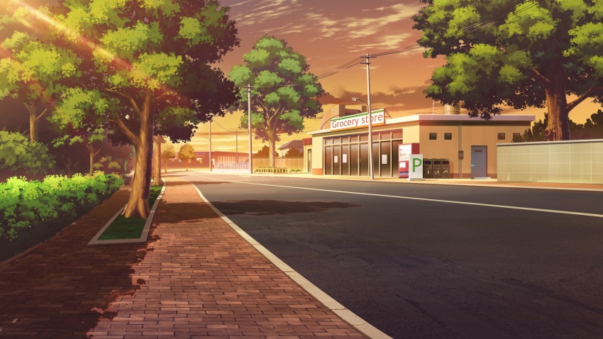 brick_road bush cloud cloudy_sky door gradient_sky grocery_store highres lamppost lens_flare no_humans non-web_source official_art our_life:_beginnings_and_always outdoors power_lines recycle_bin road scenery shadow sky street sunset trash_can tree variant_set vending_machine