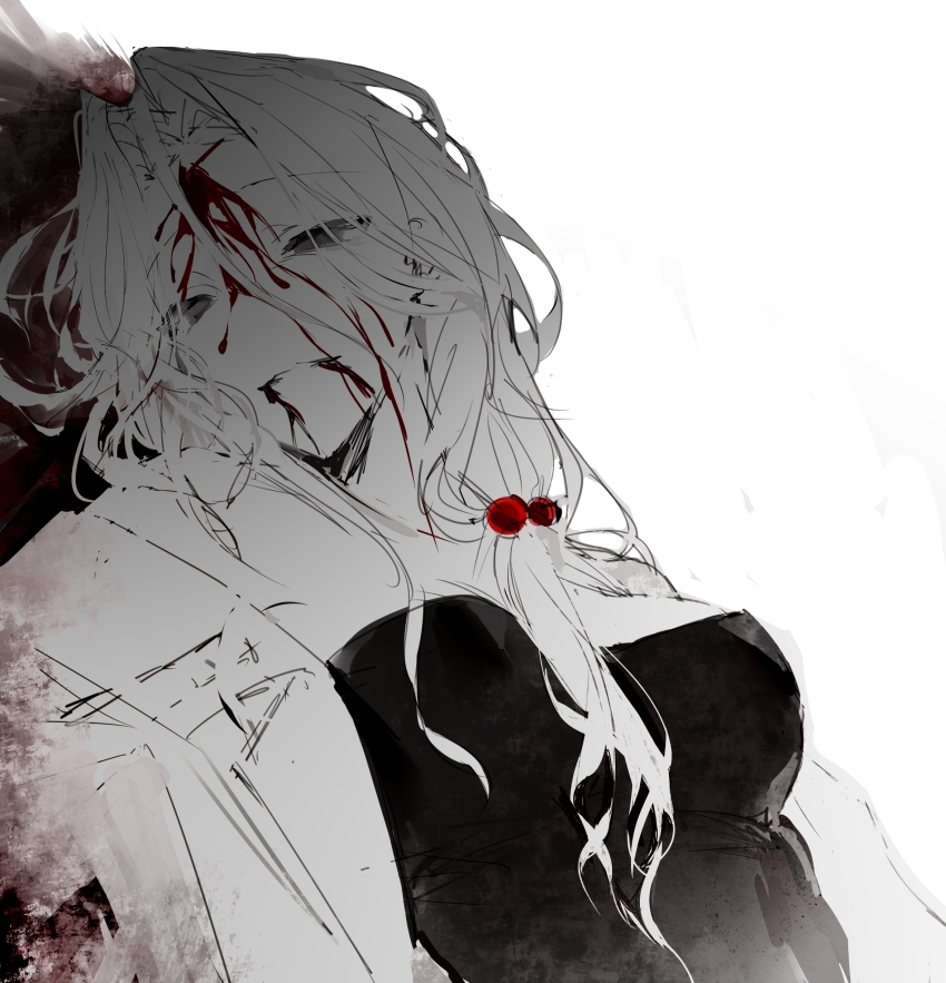 1girl absurdres blood blood_from_forehead blood_from_mouth blood_in_hair blood_on_clothes breasts closed_mouth dying empty_eyes enomoto_noa greyscale hair_bobbles hair_ornament highres jacket large_breasts low_ponytail monochrome open_clothes open_jacket parted_bangs ponytail saibou_shinkyoku shirt side_ponytail simple_background sketch solo spot_color strapless strapless_shirt white_background yanwu_(xinjinjumin2973030)