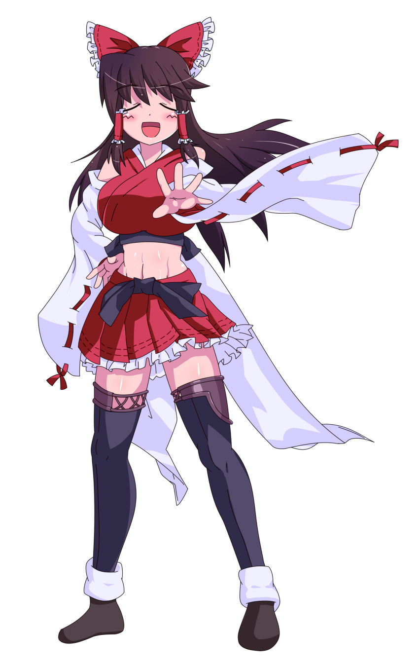 1girl absurdres black_thighhighs bow breasts brown_hair closed_eyes commentary_request cookie_(touhou) cosplay crop_top derivative_work detached_sleeves frilled_hair_tubes frilled_skirt frills full_body hair_bow hair_tubes hakurei_reimu highres kantai_collection kongou_(kancolle) kongou_(kancolle)_(cosplay) large_breasts long_hair midriff miniskirt navel noel_(cookie) open_mouth pleated_skirt red_bow red_skirt ribbon-trimmed_sleeves ribbon_trim sidelocks simple_background skirt smile solo standing sugigoke thighhighs touhou transparent_background white_sleeves