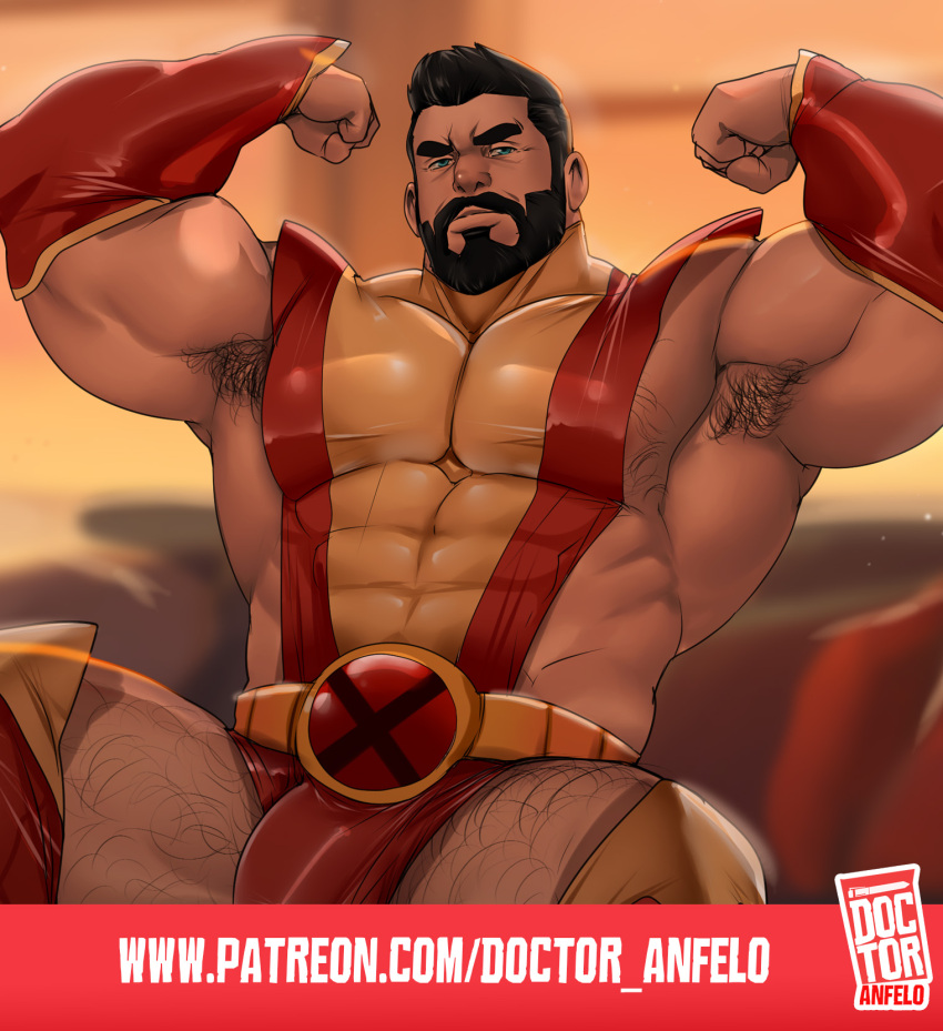 1boy abs aqua_eyes armband armpit_hair armpits bara beard belt blurry blurry_background body_hair broad_shoulders bulge colossus_(x-men) connected_beard cropped_legs doctor_anfelo facial_hair flexing full_beard highres leg_hair male_focus marvel muscular muscular_arms muscular_male red_armband red_belt strongman_waist superhero_costume thighs x-men