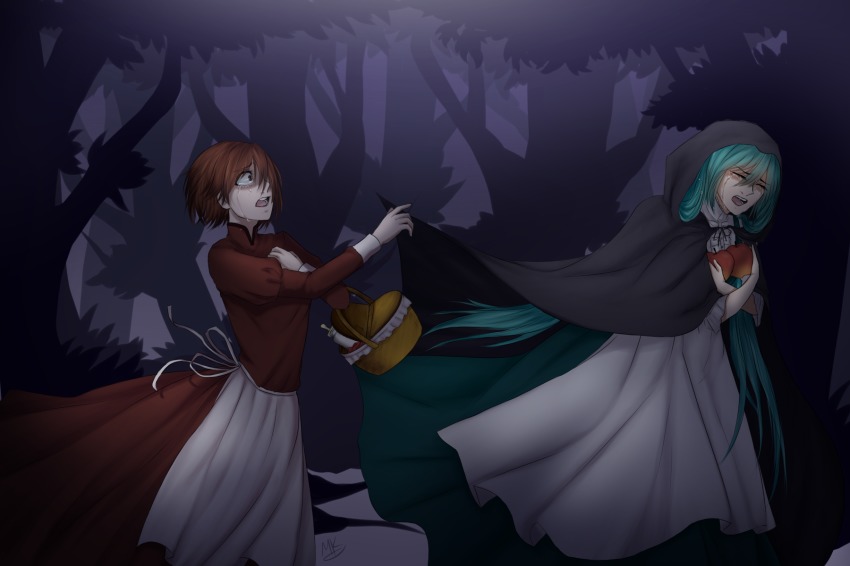 2girls apple apron aqua_hair basket bottle brown_hair chasing cloak crying crying_with_eyes_open dress evillious_nendaiki fleeing food forest fruit green_dress hand_on_own_chest hatsune_miku highres holding hood long_hair mandy_kurosaki meiko_(vocaloid) milk_bottle moonlit_bear_(vocaloid) multiple_girls nature night picnic_basket reaching reaching_towards_viewer red_dress short_hair tears tree very_long_hair vocaloid