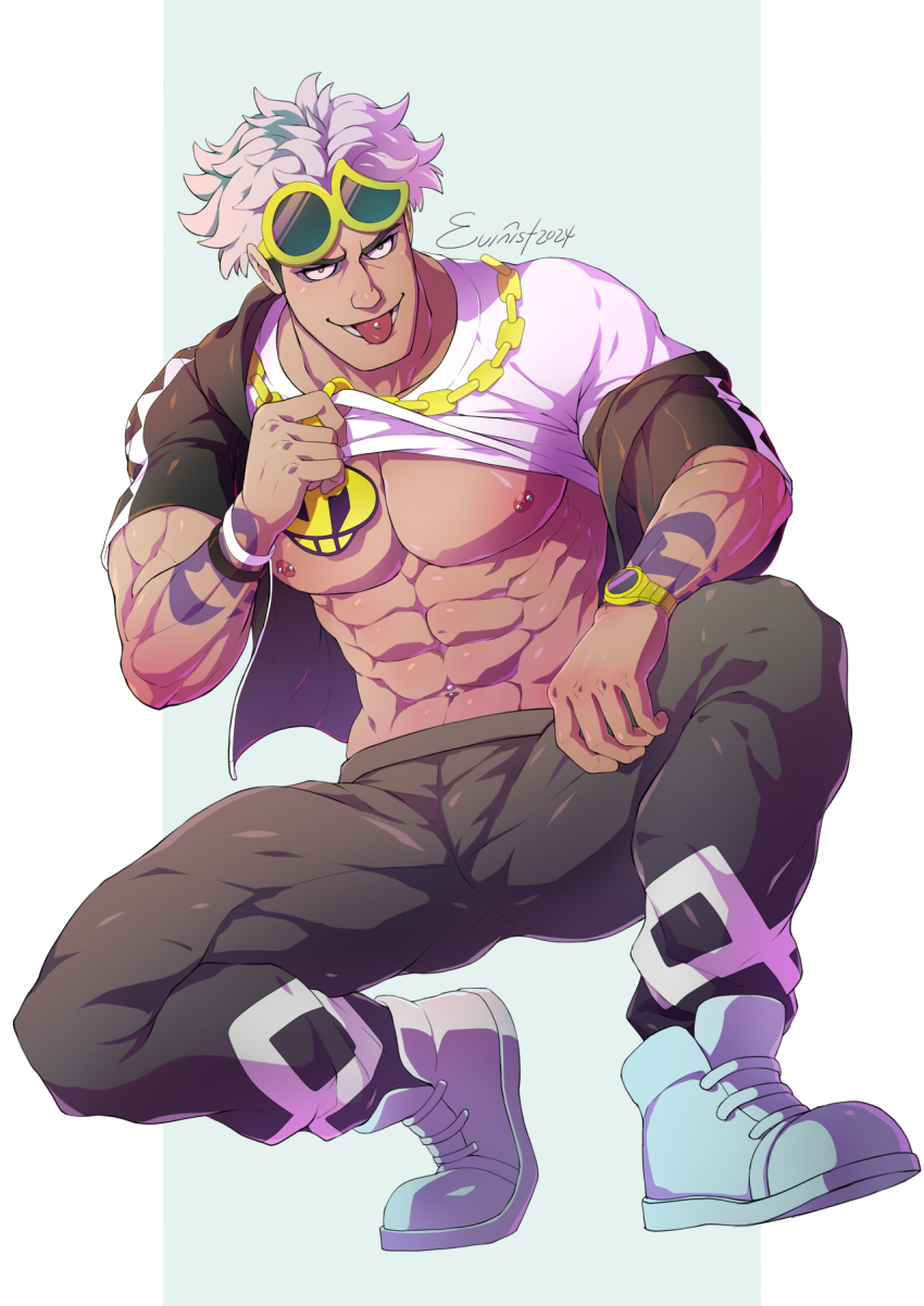 1boy abs arm_tattoo artist_name bara bare_pectorals black_jacket black_pants clothes_lift evinist eyewear_on_head guzma_(pokemon) highres jacket large_pectorals looking_at_viewer male_focus muscular muscular_male navel nintendo nipples open_clothes open_jacket pants pectorals piercing pokemon pokemon_sm shirt shirt_lift short_hair solo sunglasses tattoo tongue tongue_out tongue_piercing watch white_hair white_shirt wristwatch