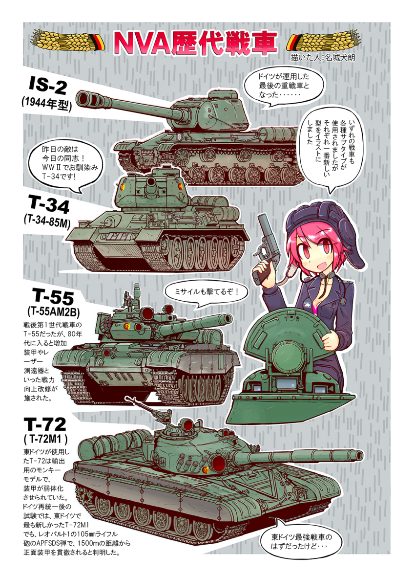 1girl artumph breasts east_germany flare_gun gun handgun helmet highres is-2 krieghoff_model_l machine_gun military military_vehicle motor_vehicle original pink_hair pistol red_eyes t-34 t-34-85 t-55 t-72 tank tank_helmet translation_request weapon