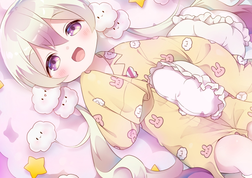 1girl :d absurdres animal_print blonde_hair blush cloud_hair_ornament cloud_print commentary_request frilled_pillow frills gradient_hair hair_between_eyes half-closed_eyes hand_up highres holding holding_pillow long_hair long_sleeves low_twintails lying mahou_shoujo_ikusei_keikaku multicolored_hair nemurin nipeira on_back open_mouth pajamas pillow pink_hair print_pajamas purple_eyes rabbit_print sidelocks sleeves_past_fingers sleeves_past_wrists smile solo twintails two-tone_hair yellow_pajamas