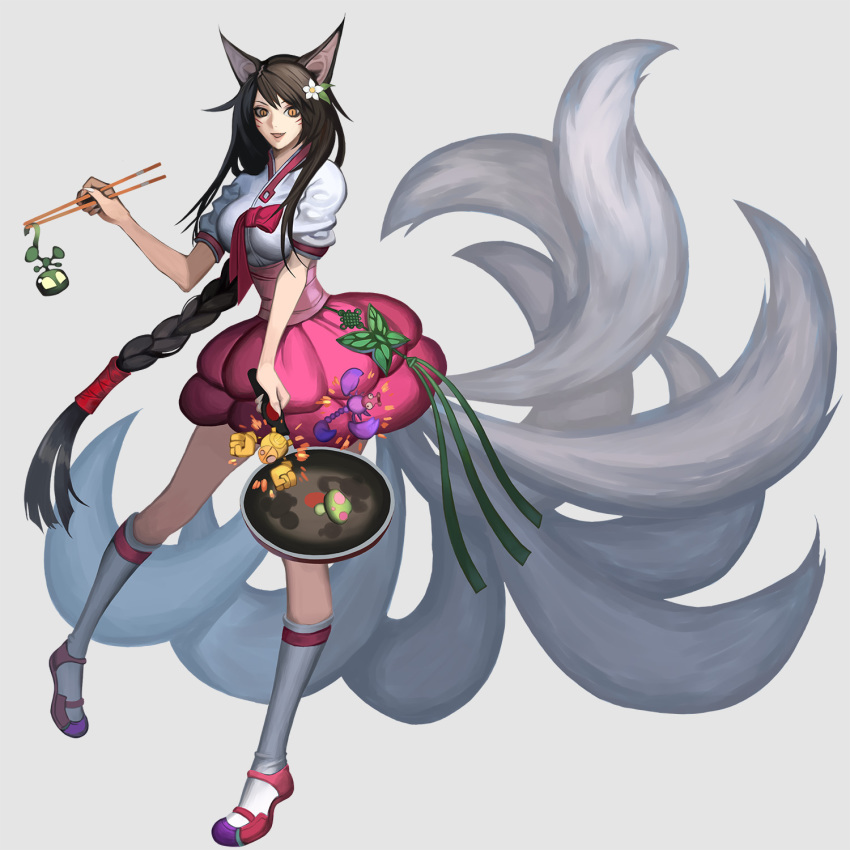 1girl ahri_(league_of_legends) alternate_costume amumu animal_ears black_hair blitzcrank braid bug butterfly chibi chopsticks female_focus flower fox_ears fox_tail frying_pan hair_flower hair_ornament highres holding_chopsticks holding_with_chopsticks insect kneehighs league_of_legends long_hair multiple_tails mummy mushroom ponytail robot scorpion single_braid skarner socks solo tail zeroguy