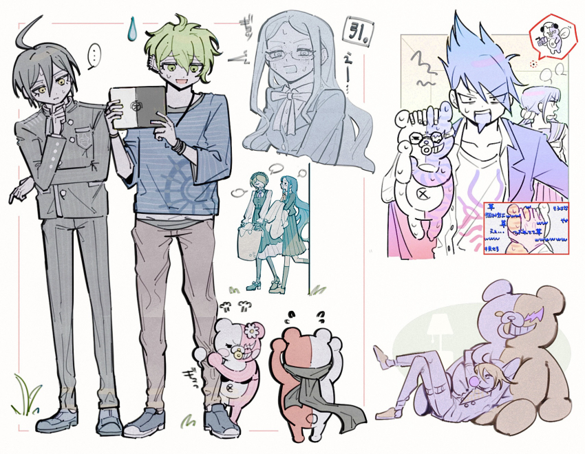 ... 3girls 4boys ^^^ ahoge amami_rantaro animal antenna_hair arm_belt basket bear belt belt_buckle black_belt black_bra black_dress black_hair black_jacket black_pants black_pantyhose black_scarf black_skirt black_socks blanket blazer blue_footwear blue_shirt blunt_bangs bow bowtie bra bracelet brown_footwear brown_pants buckle buttons checkered_clothes checkered_scarf chewing_gum closed_mouth coat coat_partially_removed collared_coat collared_jacket collared_shirt commentary crest crossed_legs danganronpa_(series) danganronpa_v3:_killing_harmony denim dot_nose double-breasted dress dress_shirt ear_piercing eyelashes frilled_dress frills furrowed_brow grass green_eyes green_hair hair_between_eyes hair_ornament hair_scrunchie hamper hand_on_own_chin harukawa_maki highres holding holding_animal holding_basket holding_blanket holding_tablet_pc jacket jeans jewelry kneehighs knees_up lamp lapels layered_dress layered_sleeves light_frown long_sleeves looking_at_animal low_twintails lying medium_dress medium_skirt messy_hair momota_kaito monokuma monophanie monosuke monotaro_(danganronpa) morning_(d0nteat) multiple_belts multiple_boys multiple_girls multiple_piercings nanokuma necktie nervous nervous_smile nervous_sweating notched_lapels oma_kokichi on_back open_clothes open_coat open_jacket open_mouth orange_bow orange_bowtie oversized_object pacifier pants pantyhose pendant piercing pinafore_dress pinstripe_jacket pinstripe_pants pinstripe_pattern pleated_skirt pocket puff_of_air purple_necktie saihara_shuichi sailor_collar scarf school_uniform scrunchie serafuku shirogane_tsumugi shirt shoes short_hair skirt sleeveless sleeveless_dress smile sneakers socks spike_piercing spoilers spoken_ellipsis standing striped_clothes striped_shirt stuffed_animal stuffed_toy sweat sweatdrop tablet_pc talking teddy_bear thigh_belt thigh_strap thinking tojo_kirumi twintails underwear walking white_background white_dress white_shirt white_socks white_undershirt wide-eyed yellow_eyes