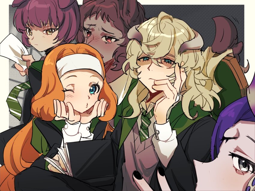 1girl 4boys animal_ears aqua_eyes basilio_(metaphor:_refantazio) black_nails blonde_hair blush book brown_hair dark-skinned_male dark_skin fidelio_(metaphor:_refantazio) green_necktie grey_eyes hair_between_eyes harry_potter_(series) head_rest headband highres hogwarts_school_uniform holding holding_book horns junah_(metaphor:_refantazio) long_hair looking_at_another looking_at_viewer louis_(metaphor:_refantazio) metaphor:_refantazio multiple_boys necktie o3o one_eye_closed orange_hair out_of_frame parody purple_hair qiluge scar scar_across_eye scar_on_face school_uniform shaded_face short_hair slytherin sweater_vest third_eye v white_headband wizarding_world yellow_eyes zorba_(metaphor:_refantazio)