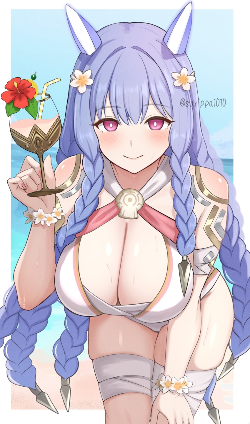 1girl bikini blue_hair blue_sky braid breasts bright_pupils cleavage closed_mouth cloud commentary_request cup day fire_emblem fire_emblem_heroes flower hair_flower hair_ornament heidrun_(fire_emblem) heidrun_(summer)_(fire_emblem) highres holding holding_cup large_breasts long_hair looking_at_viewer nintendo ocean official_alternate_costume outdoors pink_eyes sky smile solo surippa1010 swimsuit twitter_username white_bikini white_flower white_pupils