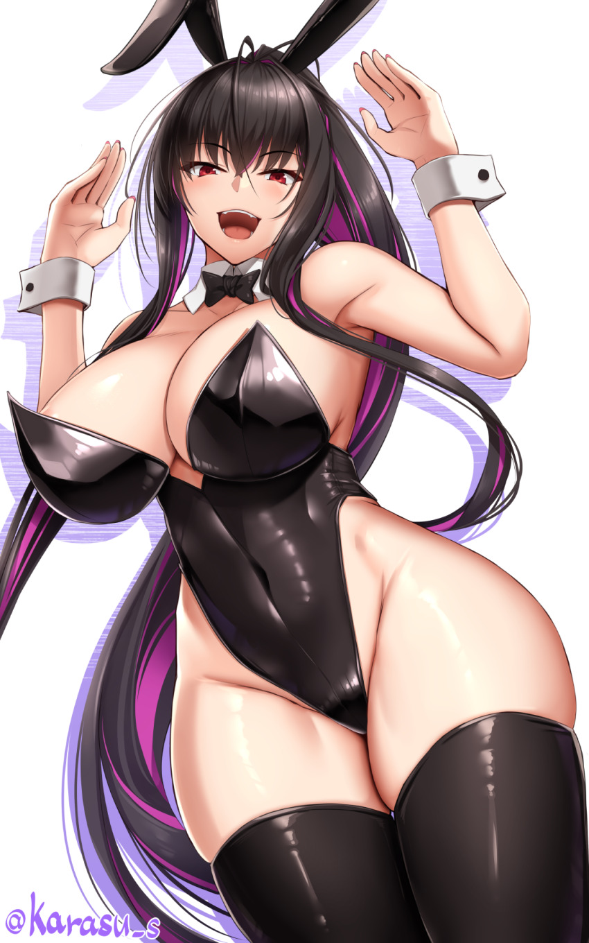 1girl :d akitsuki_karasu animal_ears armpit_crease arms_up bare_arms bare_shoulders black_bow black_bowtie black_hair black_leotard black_thighhighs blush bow bowtie breasts covered_navel cowboy_shot detached_collar fake_animal_ears highleg highleg_leotard highres kurochijo large_breasts leotard long_hair looking_at_viewer multicolored_hair open_mouth original paid_reward_available playboy_bunny ponytail purple_hair rabbit_ears red_eyes simple_background smile solo teeth thighhighs thighs twitter_username upper_teeth_only very_long_hair white_background wide_hips wrist_cuffs